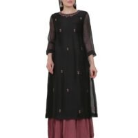 X90A7823 Black All Over Hand Embroidered Cotton Silk Kota Jali Kurta With Cotton Lining