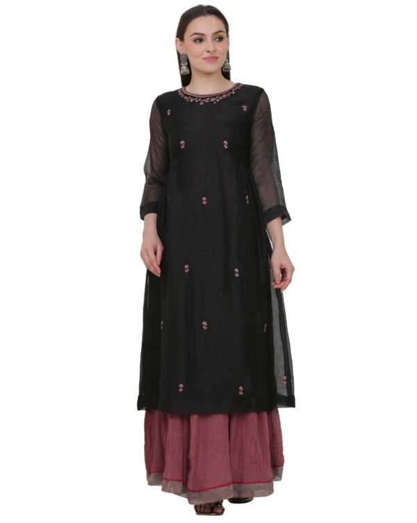 X90A7823 Black All Over Hand Embroidered Cotton Silk Kota Jali Kurta With Cotton Lining