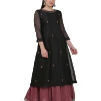 X90A7824 Black All Over Hand Embroidered Cotton Silk Kota Jali Kurta With Cotton Lining