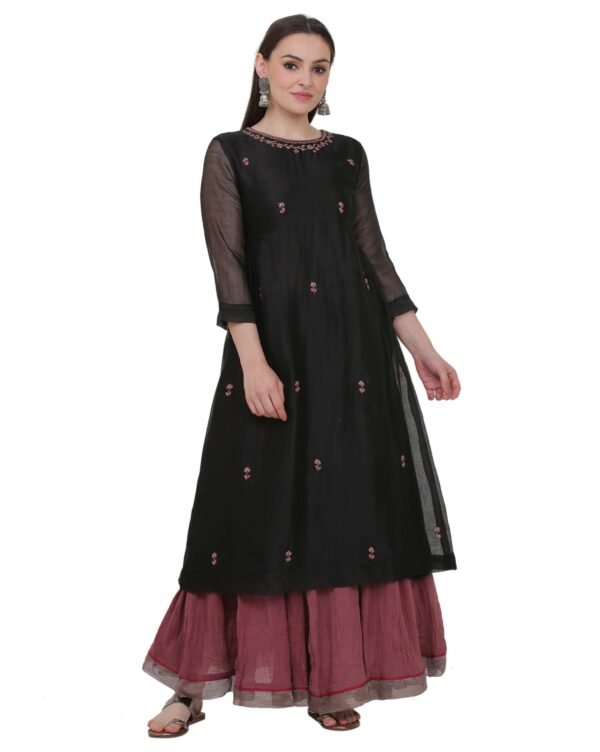 X90A7824 Black All Over Hand Embroidered Cotton Silk Kota Jali Kurta With Cotton Lining