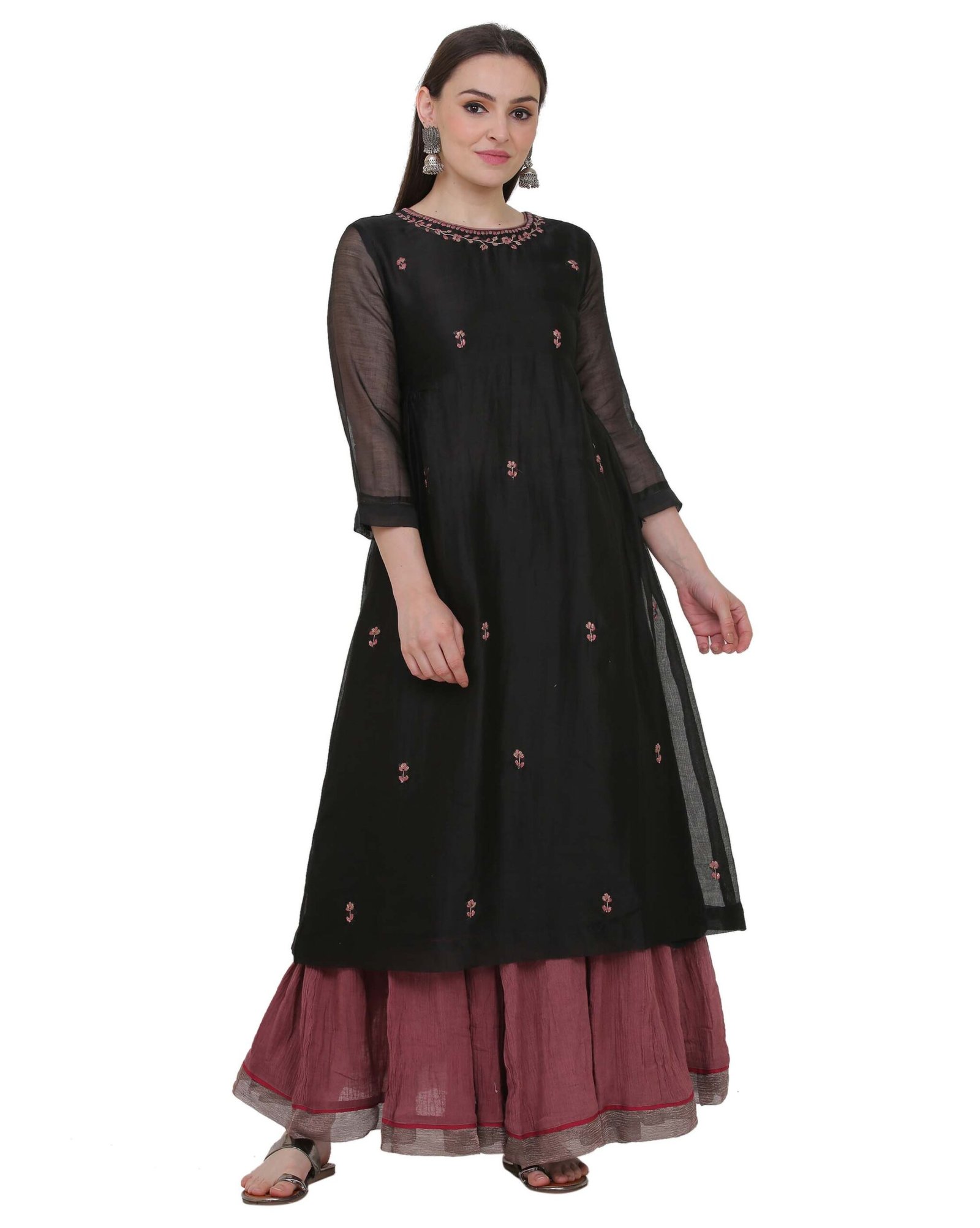 Black All Over Hand Embroidered Cotton Silk Kota Jali Kurta With Cotton Lining