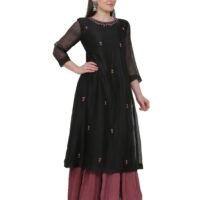 X90A7828 Black All Over Hand Embroidered Cotton Silk Kota Jali Kurta With Cotton Lining