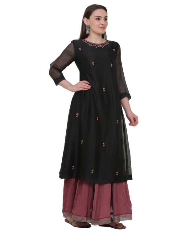 X90A7828 Black All Over Hand Embroidered Cotton Silk Kota Jali Kurta With Cotton Lining