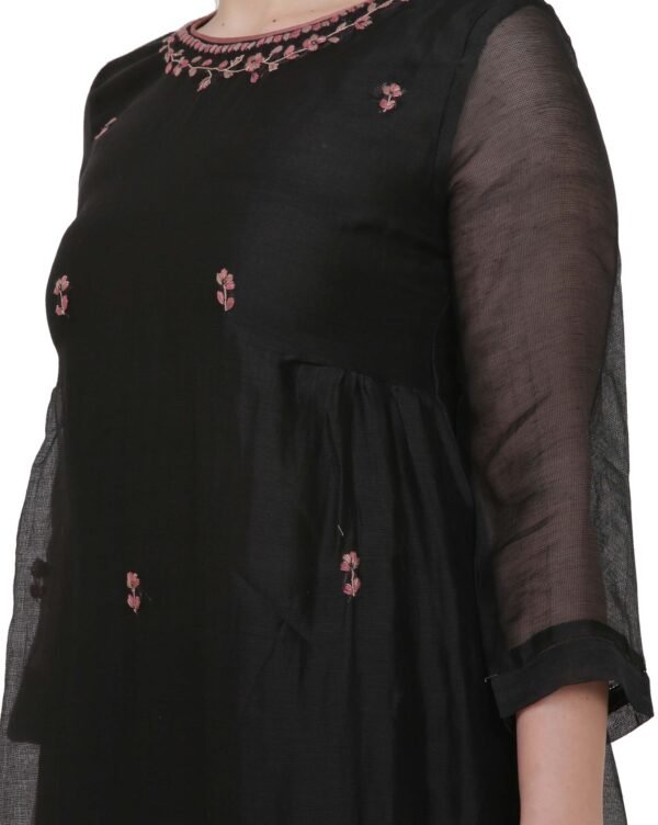 X90A7832 Black All Over Hand Embroidered Cotton Silk Kota Jali Kurta With Cotton Lining