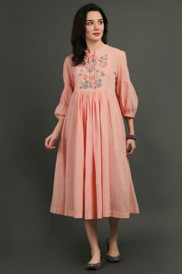 Coral Hand Embroidered Dobby Dress