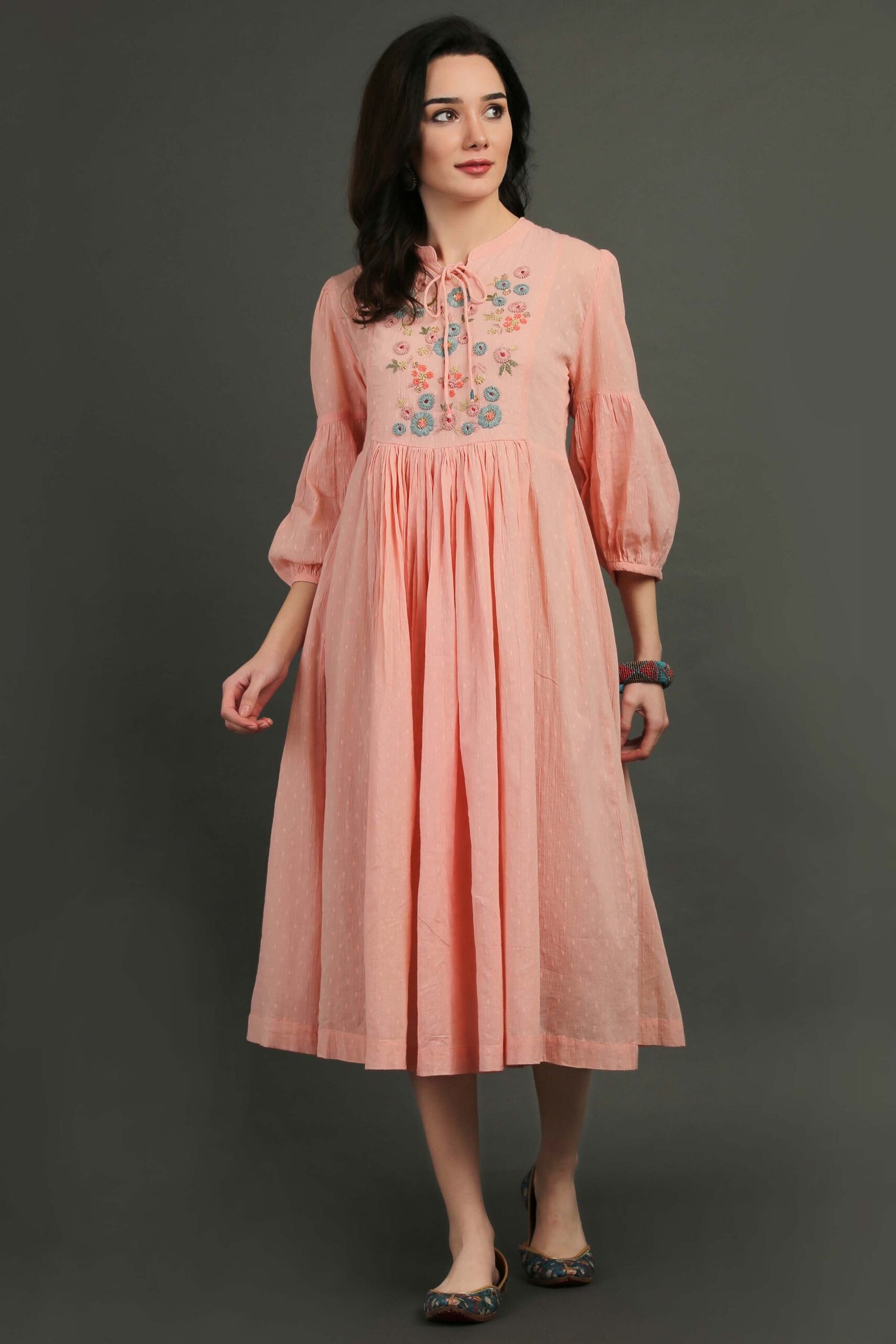 Coral Hand Embroidered Dobby Dress