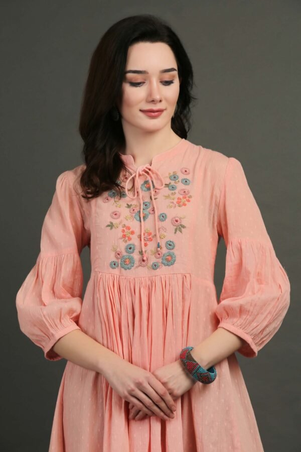 Coral Hand Embroidered Dobby Dress