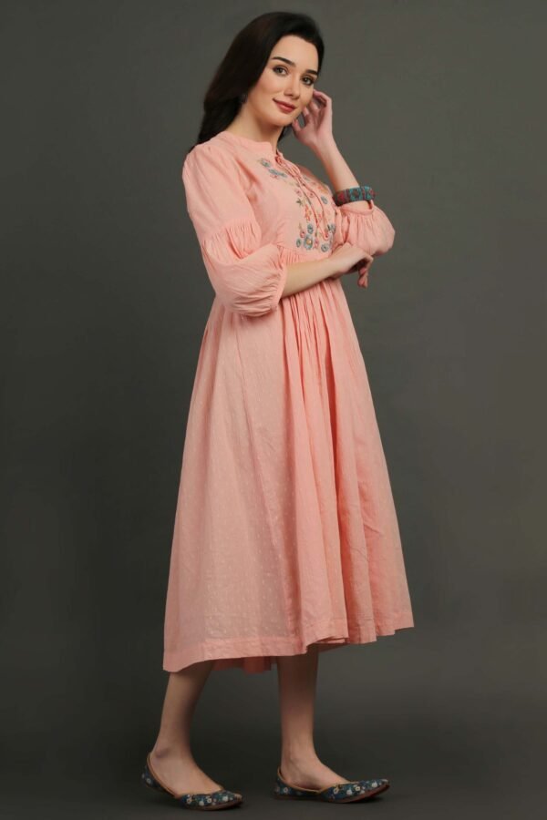 Coral Hand Embroidered Dobby Dress