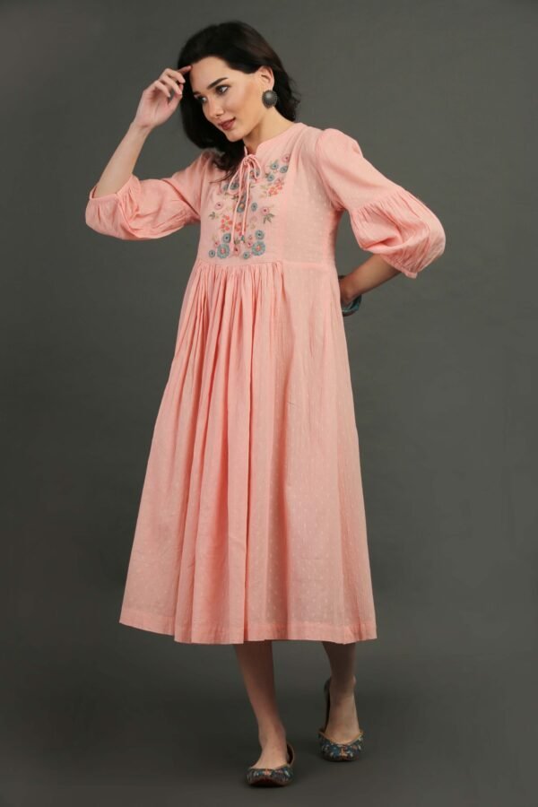 Coral Hand Embroidered Dobby Dress
