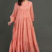 IMG_0852 Coral Yarn Dyed Hand Embroidered Tiered Dress