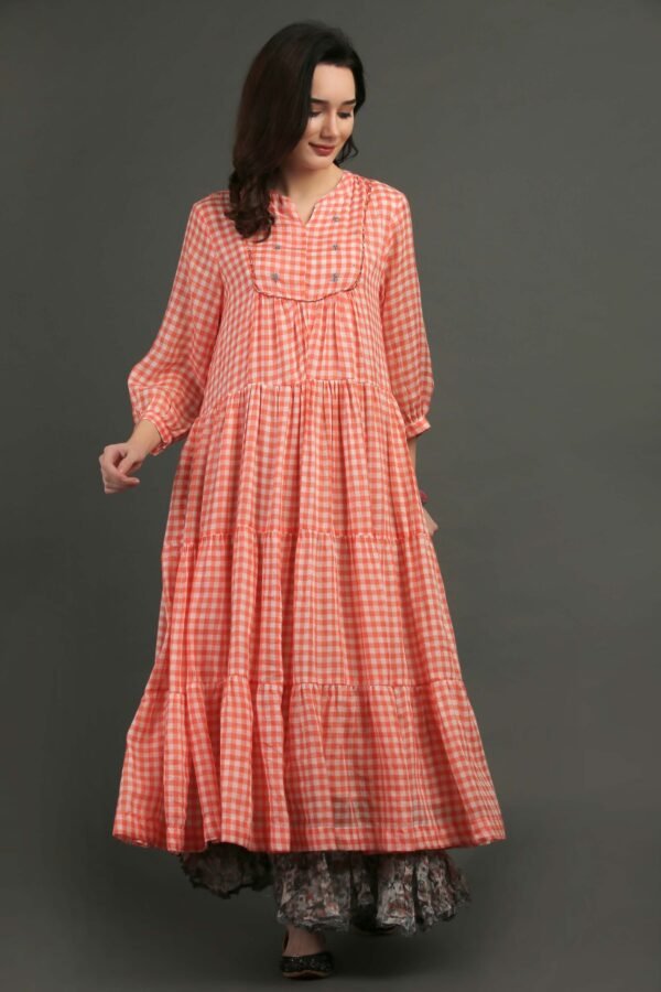 IMG_0852 Coral Yarn Dyed Hand Embroidered Tiered Dress