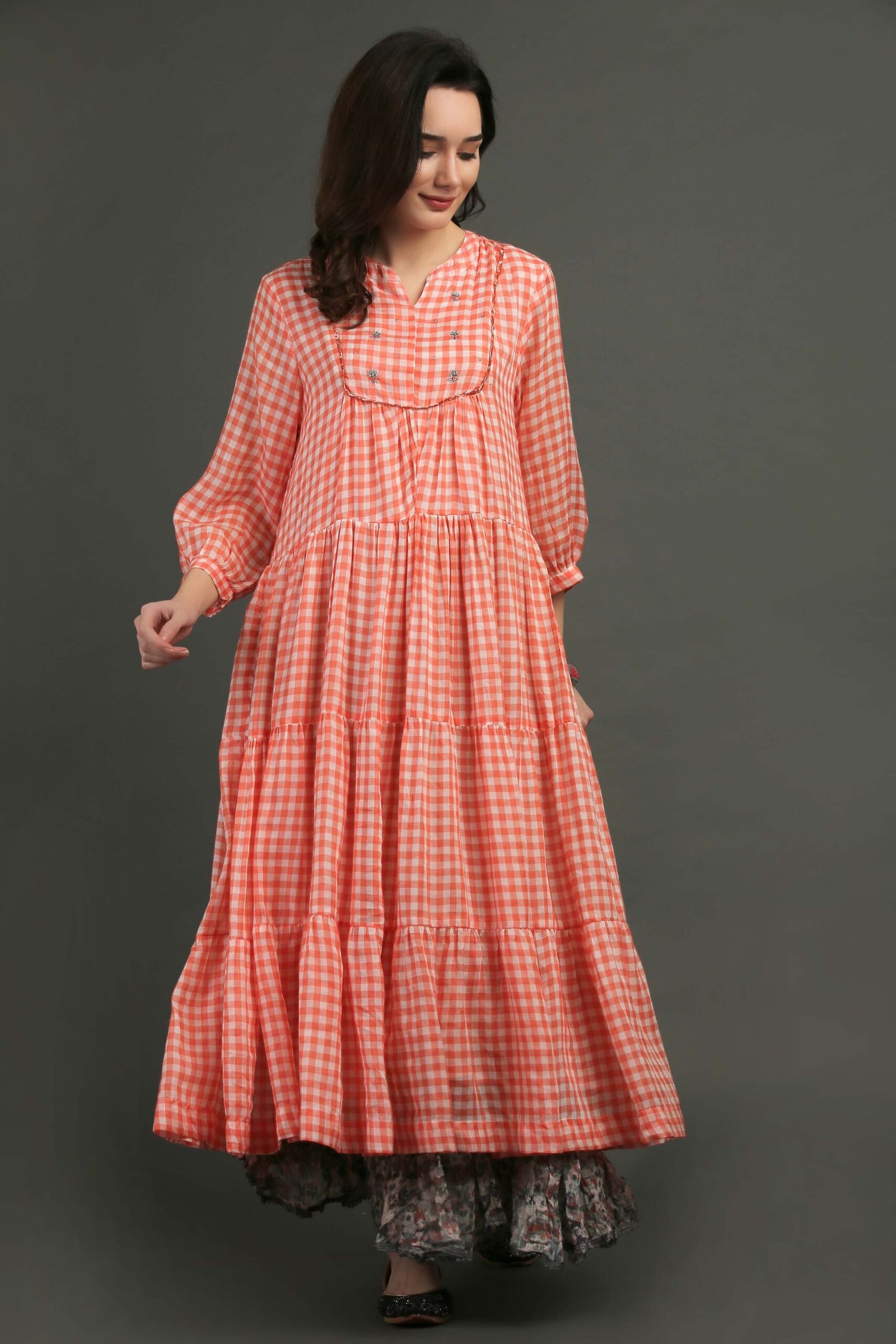 Coral Yarn Dyed Hand Embroidered Tiered Dress