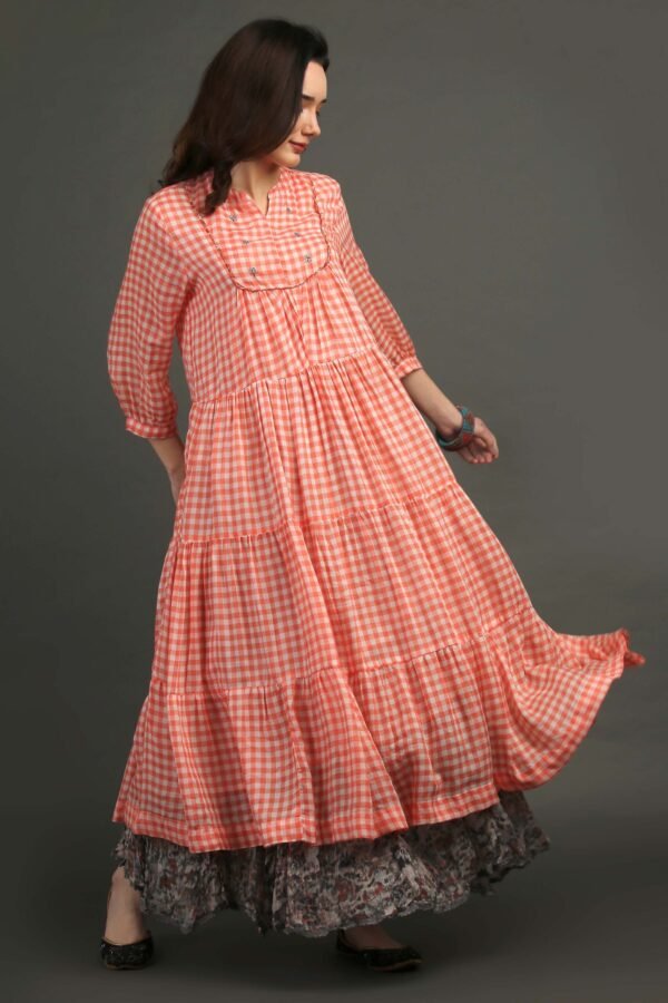 IMG_0858 Coral Yarn Dyed Hand Embroidered Tiered Dress