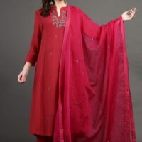 IMG_0925 Delicate Zardozi Hand Embroidered Red Cotton Silk A Line Kurta With Beige Hand Embroidered Cotton Silk Farsh And Dupatta (Set Of 3)