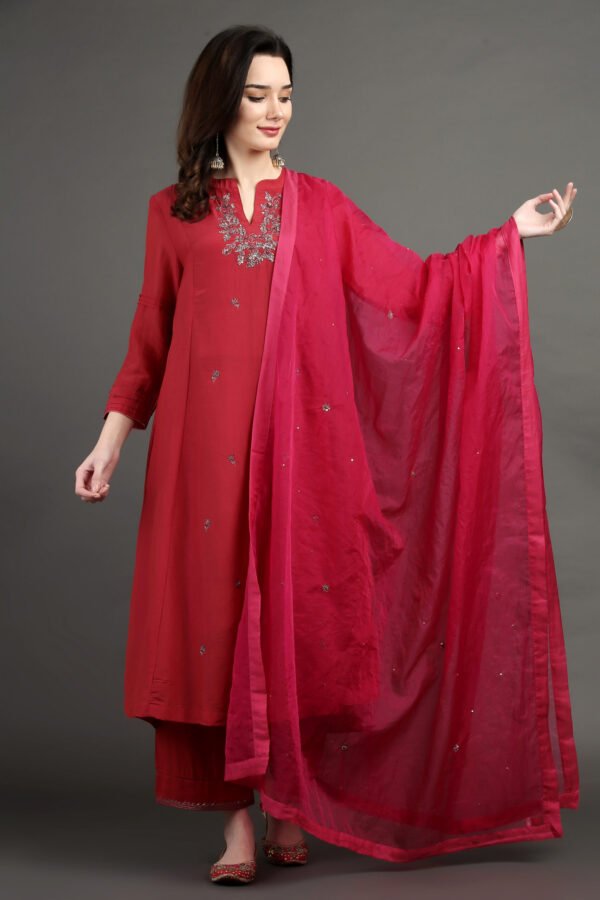 IMG_0925 Delicate Zardozi Hand Embroidered Red Cotton Silk A Line Kurta With Beige Hand Embroidered Cotton Silk Farsh And Dupatta (Set Of 3)
