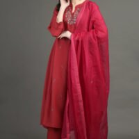 IMG_0928 Delicate Zardozi Hand Embroidered Red Cotton Silk A Line Kurta With Beige Hand Embroidered Cotton Silk Farsh And Dupatta (Set Of 3)