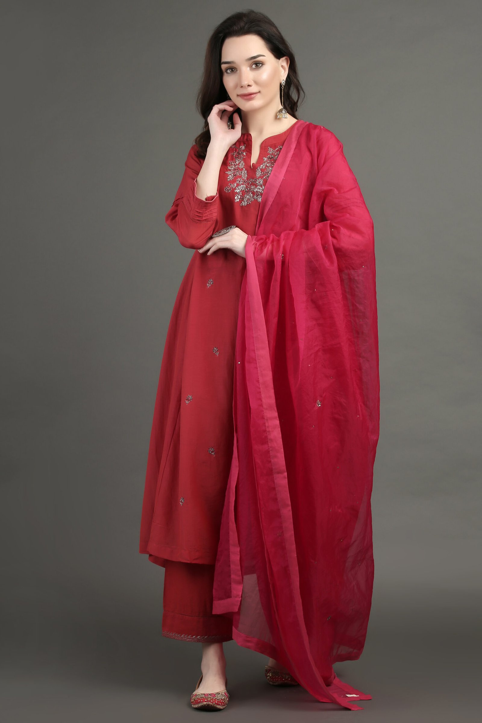 Dark Fushia Zardozi Hand Embroidered Organza Dupatta