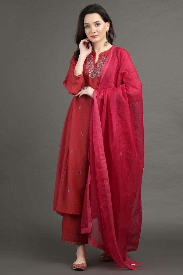 IMG_0928 Delicate Zardozi Hand Embroidered Red Cotton Silk A Line Kurta