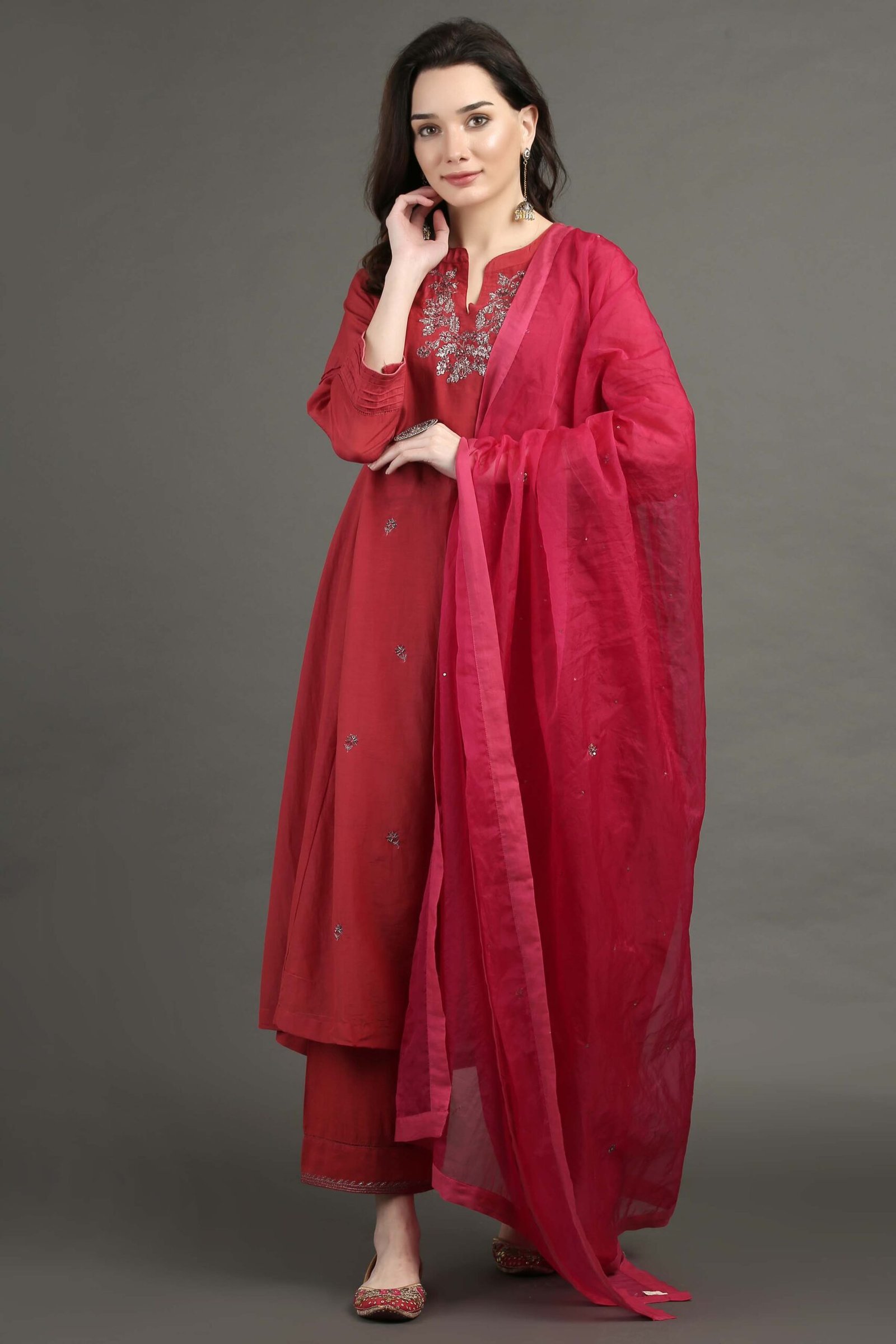 Delicate Zardozi Hand Embroidered Red Cotton Silk A Line Kurta