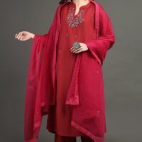 IMG_0929 Delicate Zardozi Hand Embroidered Red Cotton Silk A Line Kurta With Beige Hand Embroidered Cotton Silk Farsh And Dupatta (Set Of 3)
