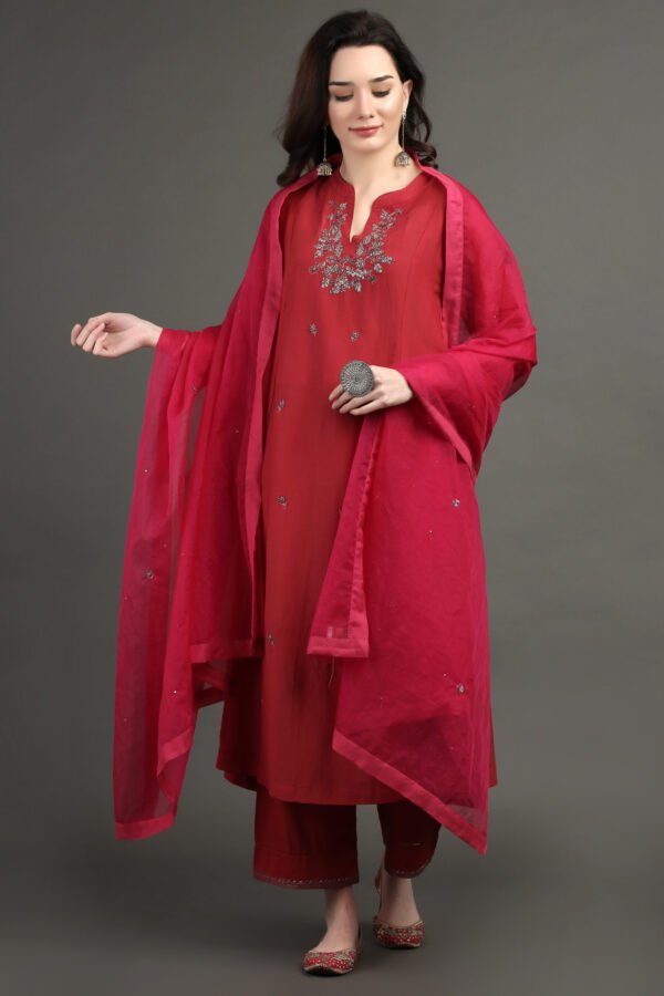 IMG_0929 Delicate Zardozi Hand Embroidered Red Cotton Silk A Line Kurta With Beige Hand Embroidered Cotton Silk Farsh And Dupatta (Set Of 3)