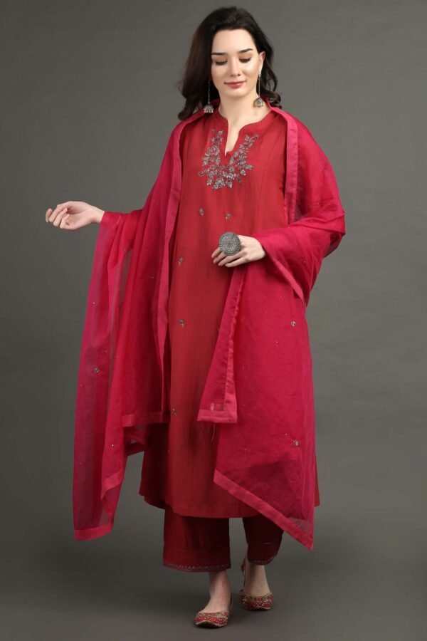 IMG_0929 Delicate Zardozi Hand Embroidered Red Cotton Silk A Line Kurta
