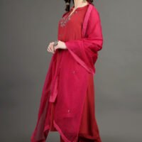 IMG_0931 Delicate Zardozi Hand Embroidered Red Cotton Silk A Line Kurta With Beige Hand Embroidered Cotton Silk Farsh And Dupatta (Set Of 3)