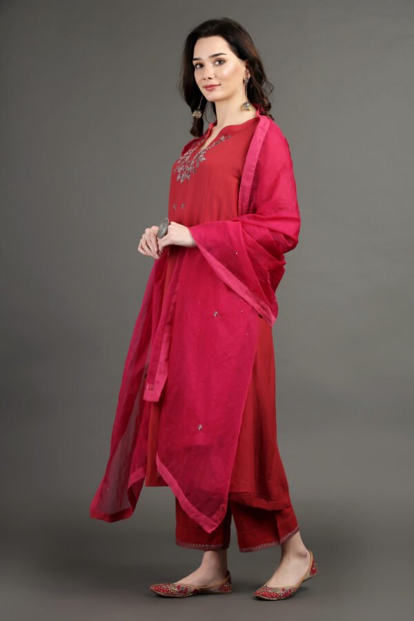 IMG_0931 Delicate Zardozi Hand Embroidered Red Cotton Silk A Line Kurta With Beige Hand Embroidered Cotton Silk Farsh And Dupatta (Set Of 3)