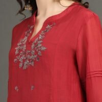 IMG_0944 Delicate Zardozi Hand Embroidered Red Cotton Silk A Line Kurta