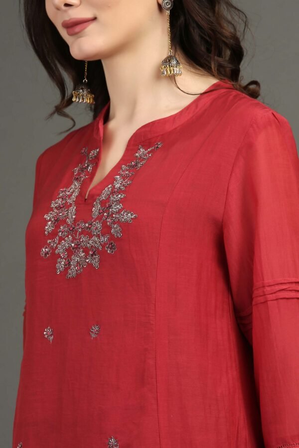 IMG_0944 Delicate Zardozi Hand Embroidered Red Cotton Silk A Line Kurta