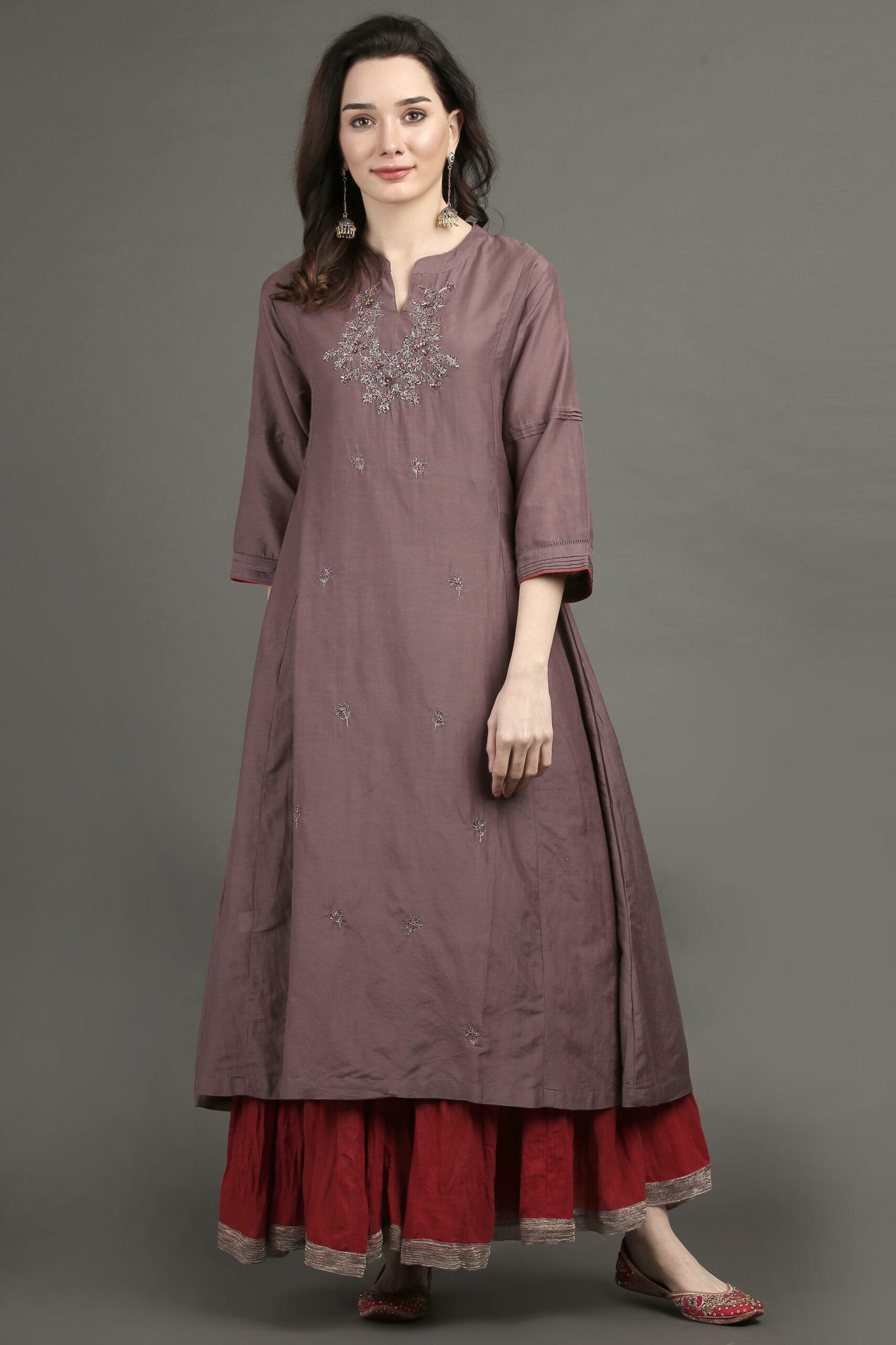 Delicate Zardozi Hand Embroidered Cotton Silk Lilac A Line Kurta