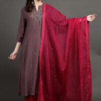IMG_0955 Delicate Zardozi Hand Embroidered Cotton Silk Lilac A Line Kurta With Gold Tissue Border Crinkled Mul Skirt And Dupatta (Set Of 3)