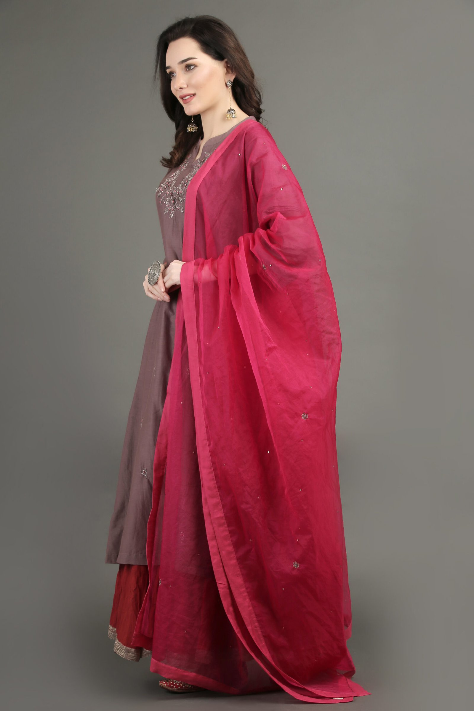 Delicate Zardozi Hand Embroidered Cotton Silk Lilac A Line Kurta With Gold Tissue Border Crinkled Mul Skirt And Dupatta (Set Of 3)