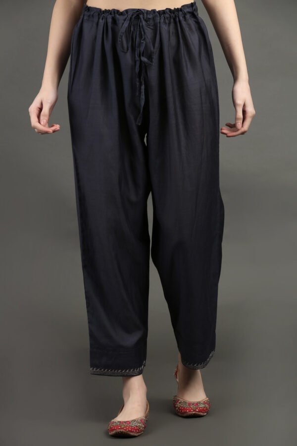 IMG_0966 Delicate Zardozi Hand Embroidered Cotton Silk Navy A Line Kurta With Gold Tissue Border Crinkled Mul Skirt And Dupatta(Set Of 3)