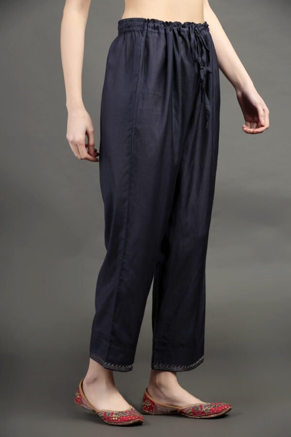 IMG_0968 Delicate Zardozi Hand Embroidered Cotton Silk Navy A Line Kurta With Gold Tissue Border Crinkled Mul Skirt And Dupatta(Set Of 3)