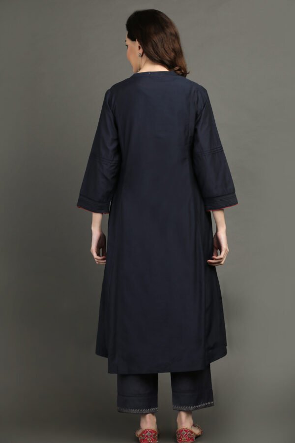 IMG_0969 Delicate Zardozi Hand Embroidered Cotton Silk Navy A Line Kurta With Gold Tissue Border Crinkled Mul Skirt And Dupatta(Set Of 3)