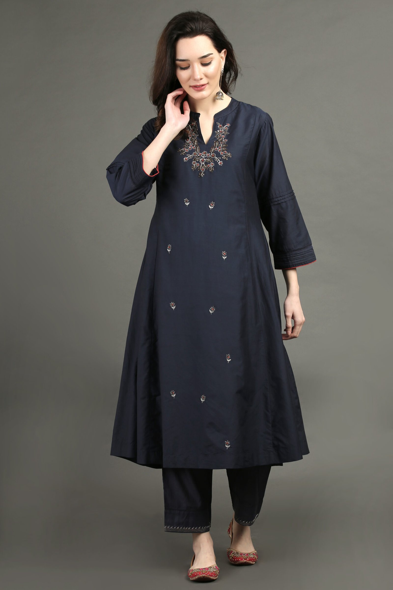 Delicate Zardozi Hand Embroidered Cotton Silk Navy A Line Kurta