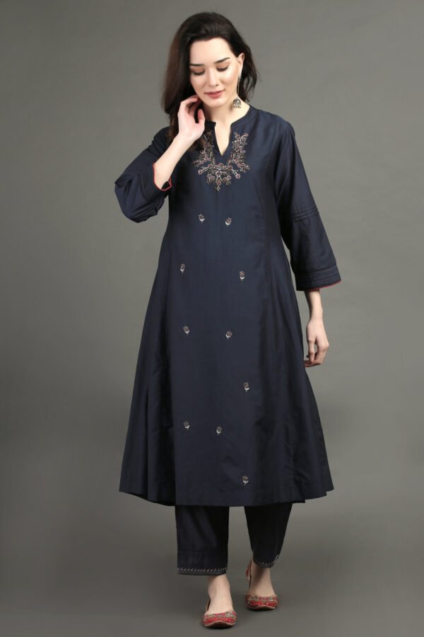 Delicate Zardozi Hand Embroidered Cotton Silk Navy A Line Kurta