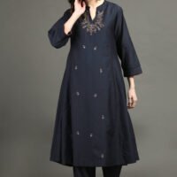 IMG_0973 Delicate Zardozi Hand Embroidered Cotton Silk Navy A Line Kurta With Gold Tissue Border Crinkled Mul Skirt And Dupatta(Set Of 3)