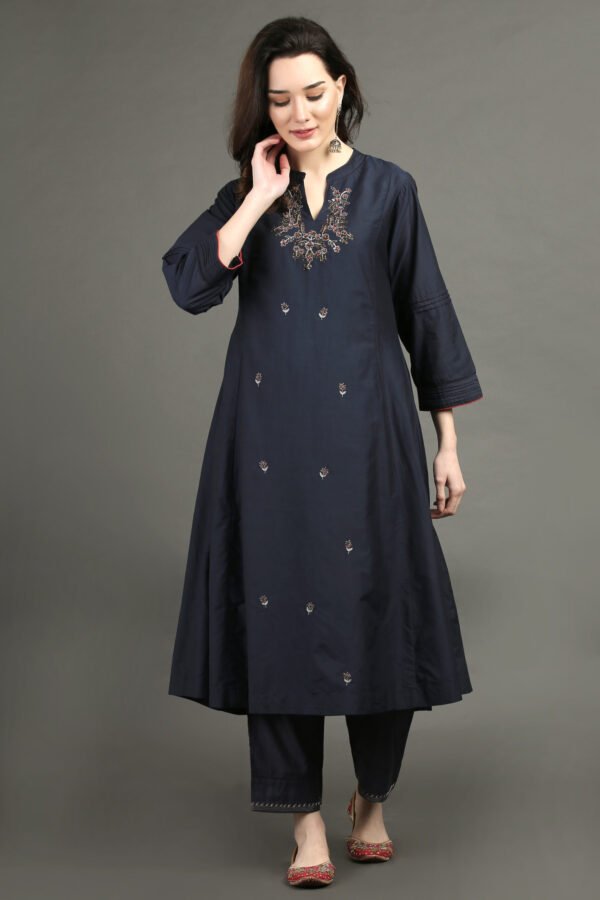 IMG_0973 Delicate Zardozi Hand Embroidered Cotton Silk Navy A Line Kurta With Gold Tissue Border Crinkled Mul Skirt And Dupatta(Set Of 3)