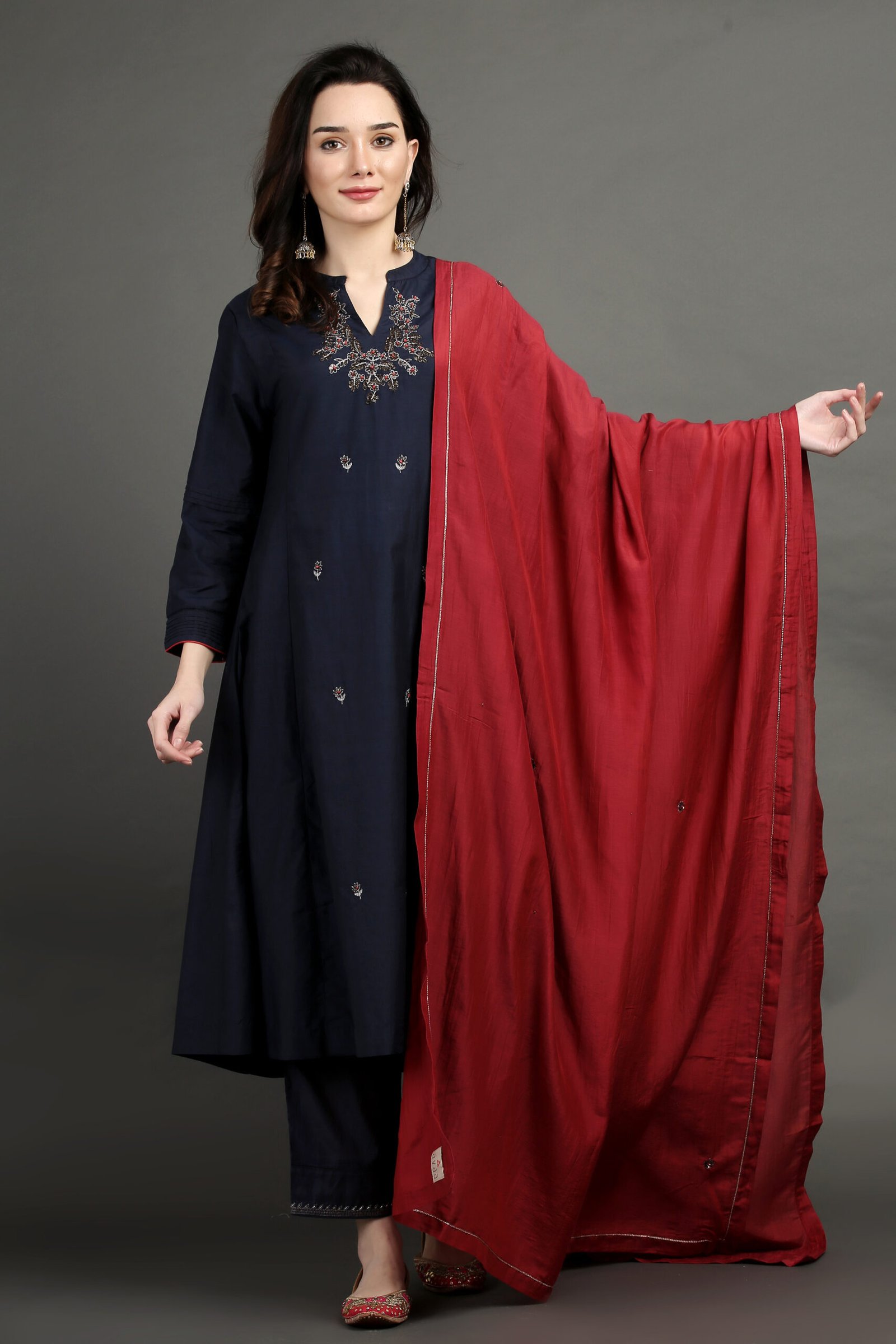 Red Cotton Silk Hand Embroidered Organza Dupatta