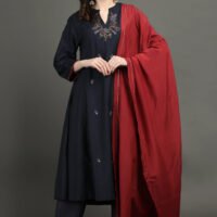 IMG_0975 Delicate Zardozi Hand Embroidered Cotton Silk Navy A Line Kurta With Gold Tissue Border Crinkled Mul Skirt And Dupatta(Set Of 3)