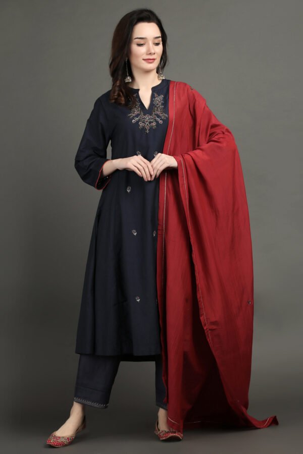 IMG_0975 Delicate Zardozi Hand Embroidered Cotton Silk Navy A Line Kurta With Gold Tissue Border Crinkled Mul Skirt And Dupatta(Set Of 3)
