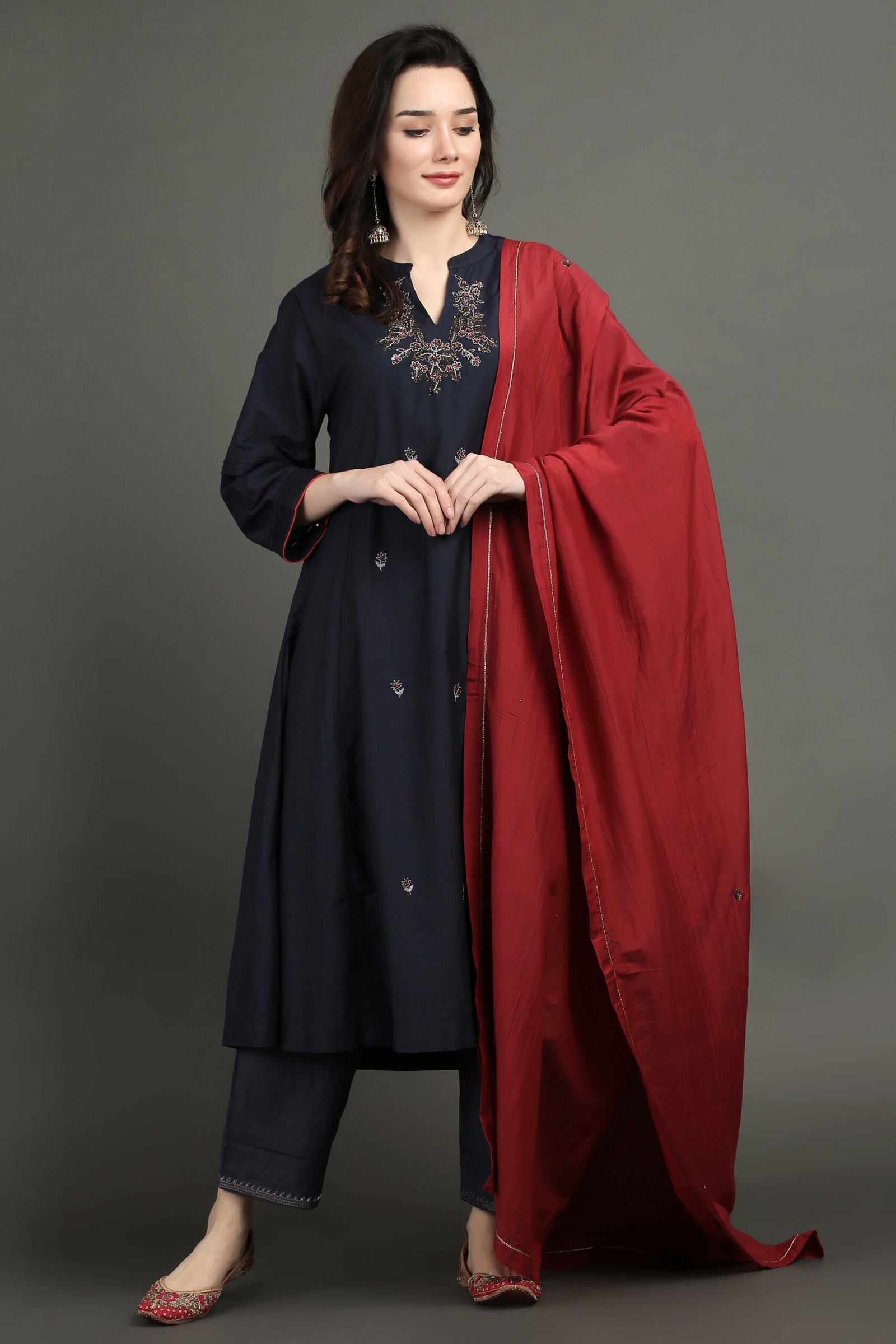 Delicate Zardozi Hand Embroidered Cotton Silk Navy A Line Kurta With Gold Tissue Border Crinkled Mul Skirt And Dupatta(Set Of 3)