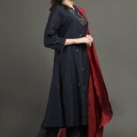 IMG_0980 Delicate Zardozi Hand Embroidered Cotton Silk Navy A Line Kurta With Gold Tissue Border Crinkled Mul Skirt And Dupatta(Set Of 3)