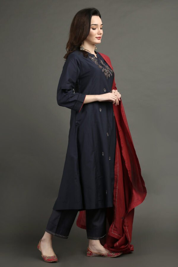 IMG_0980 Delicate Zardozi Hand Embroidered Cotton Silk Navy A Line Kurta With Gold Tissue Border Crinkled Mul Skirt And Dupatta(Set Of 3)