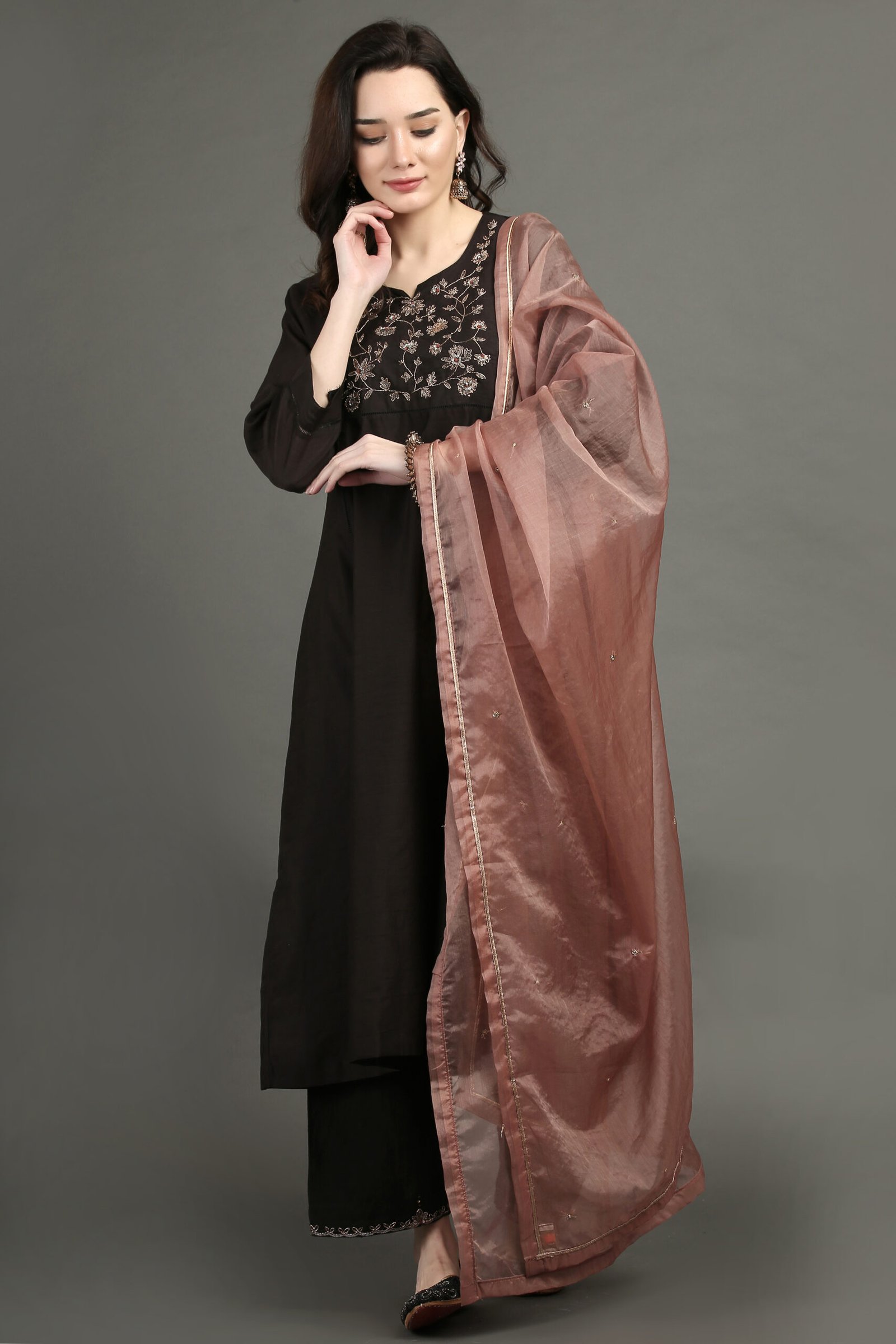 Delicate Zardozi Hand Embroidered Lined A Line Kurta With Zardozi Hand Embroidered Adjustable Waist Pants And Dupatta(Set Of 3)