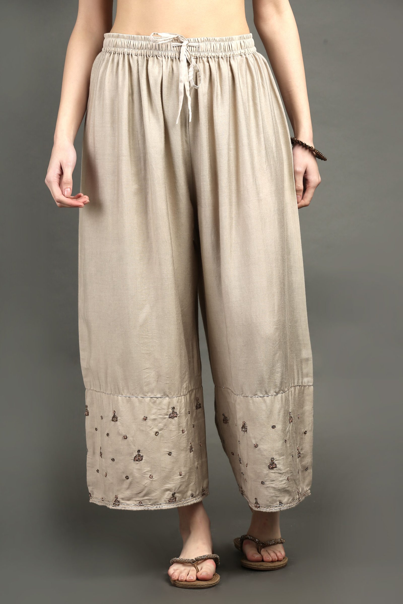 Beige Hand Embroidered Cotton Silk Farshi