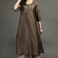 Delicate Hand Embroidered Silk Chanderi A Line Kurta With Beige Hand Embroidered Cotton Silk Farshi (Set Of 2)