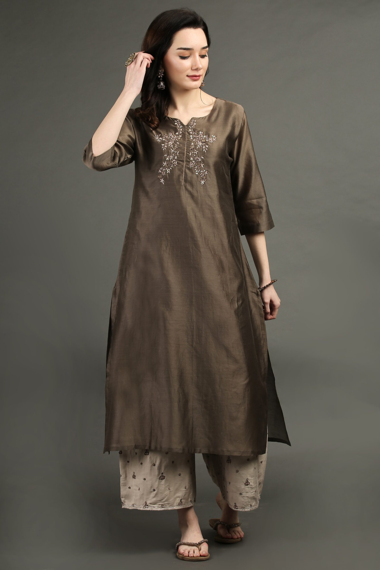 Delicate Hand Embroidered Silk Chanderi A Line Kurta